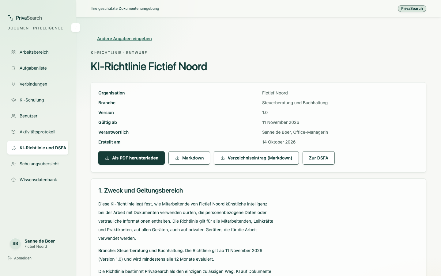 Eine erzeugte KI-Richtlinie mit den Angaben der Organisation und Schaltflächen zum Herunterladen