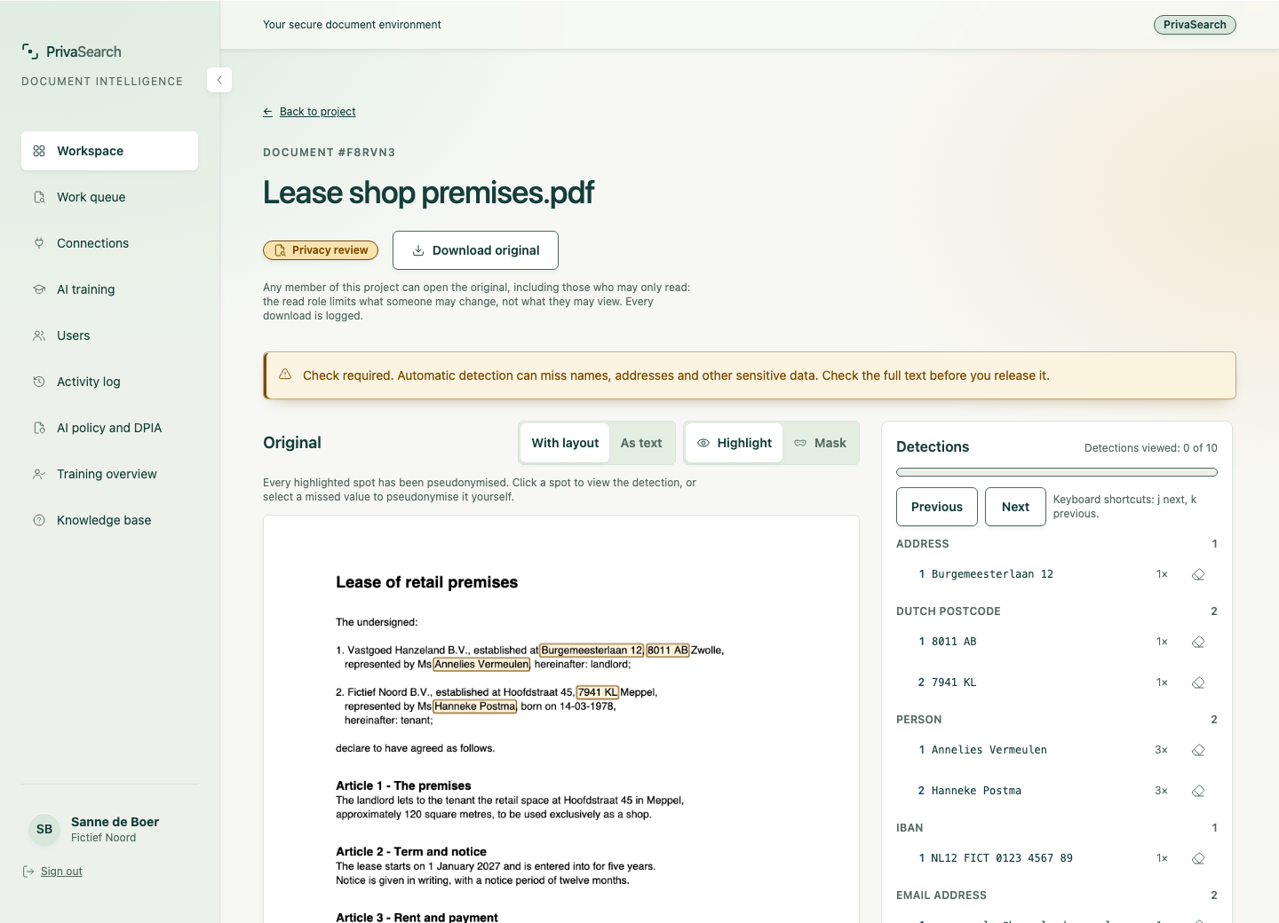 The privacy review: the original with highlighted personal data and the list of detections