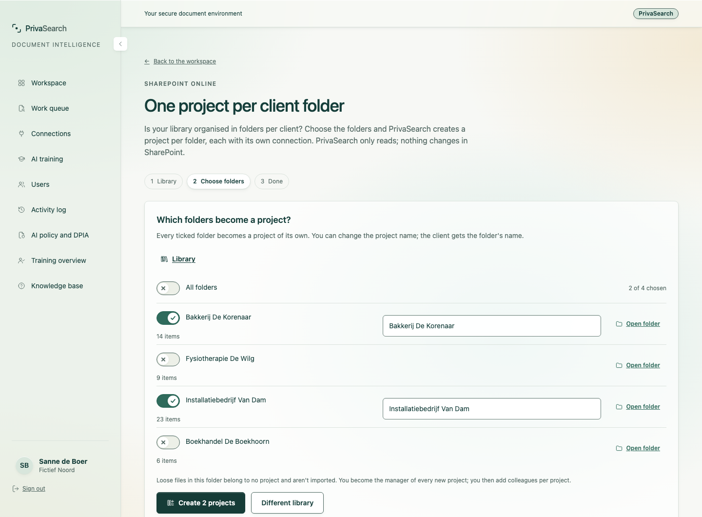 The screen where you choose folders from a SharePoint library, each of which becomes a project