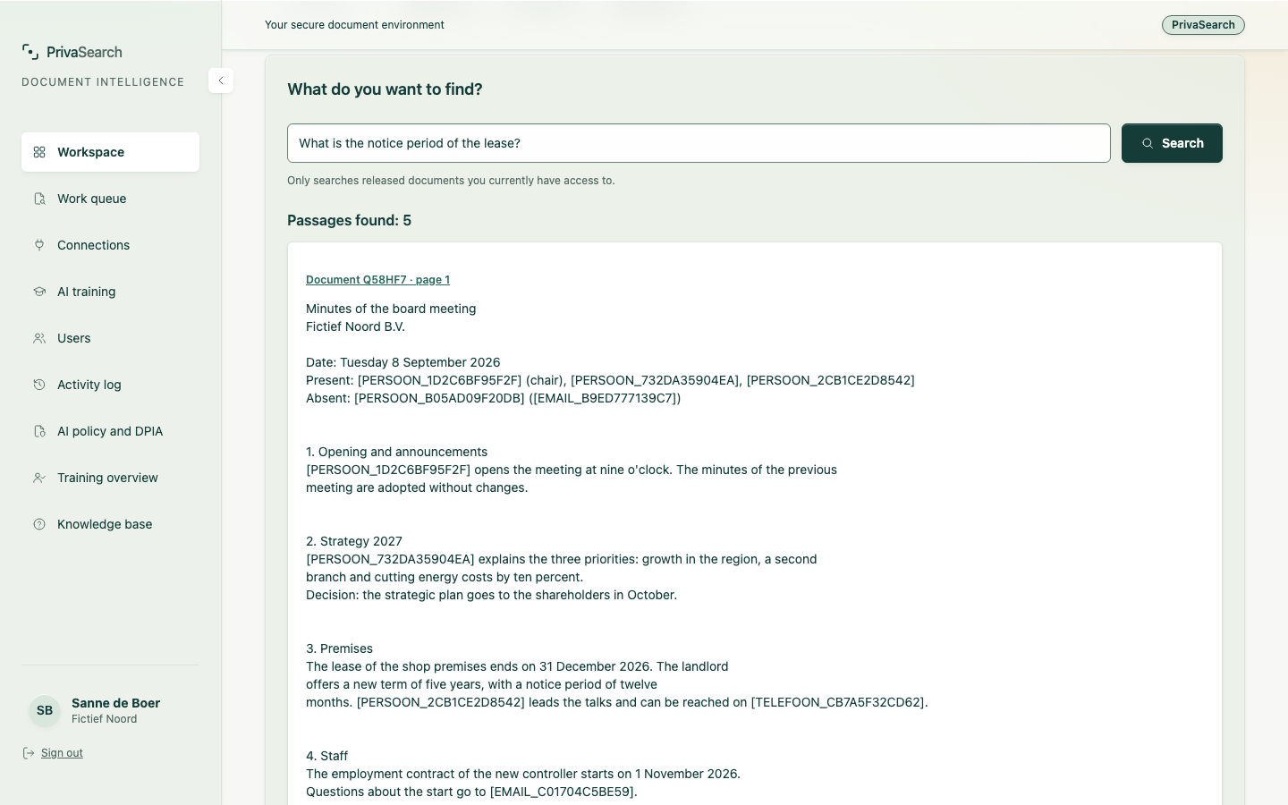 Search results: pseudonymised passages with a reference to document and page